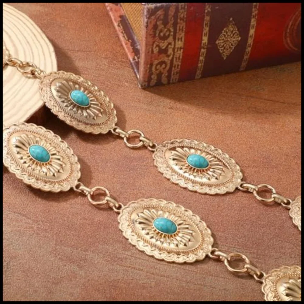 Adjustable Metal Concho Belt Boho Western Chain Waist Belt For Dresses Jeans - Picture 3 of 6